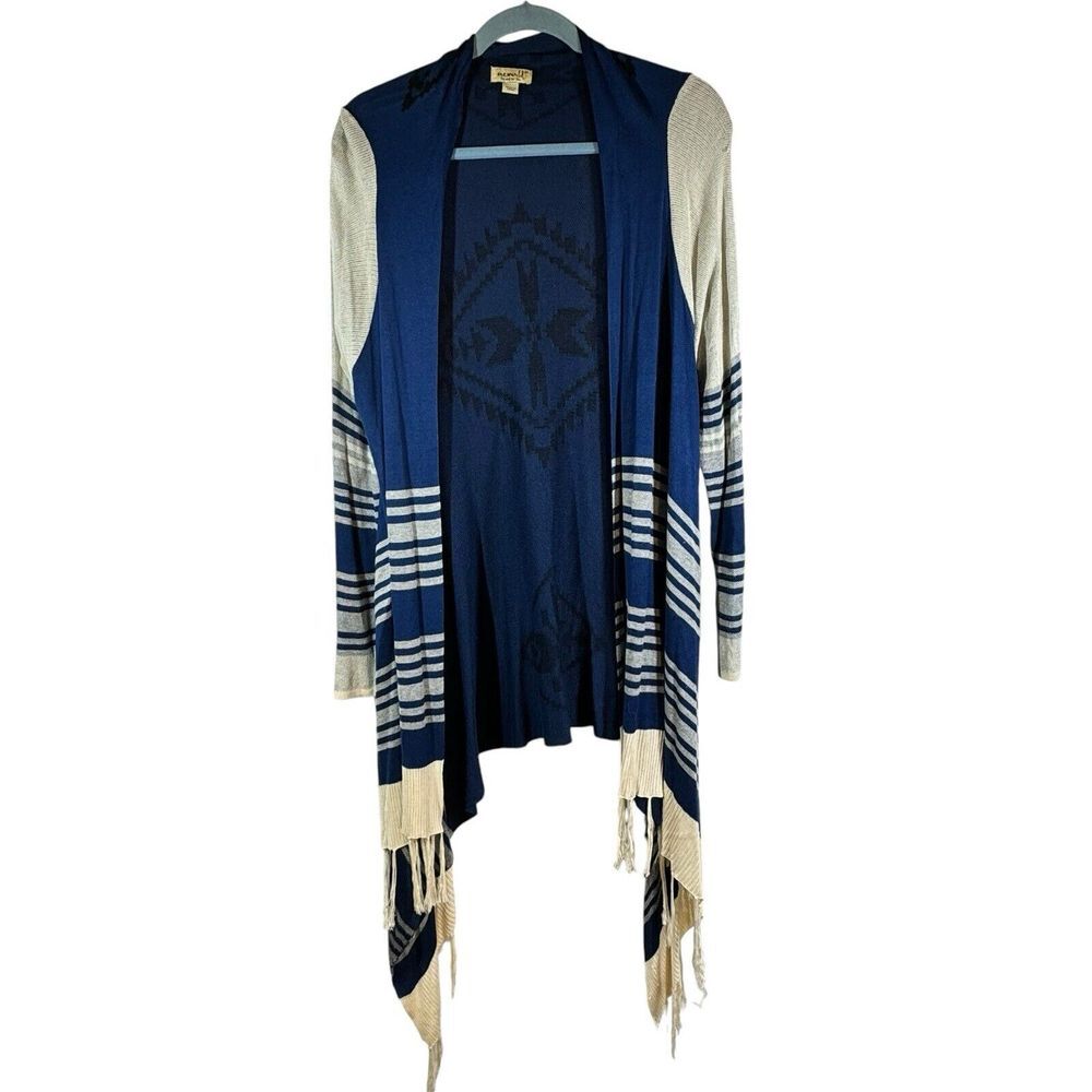 One World Cardigan Blue Aztec Southwestern Open Waterfall Sweater Boho M